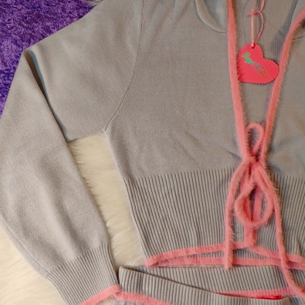 DOLLSKILL SUGAR THRILLZ 1X CRYSTAL QUIET SKIRT SET GRAY/PINK TRIM SOFT KNIT - Picture 6 of 17
